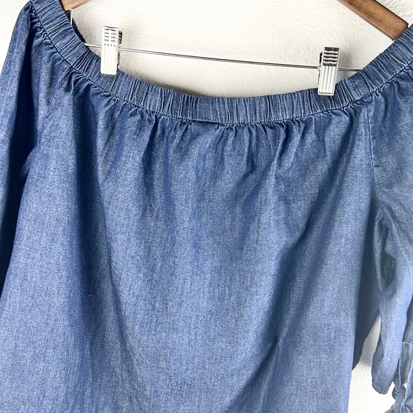 FADED GLORY |💙 Denim Blue Chambray Boatneck 1/2 Sleeves Prasant Blouse Top - Picture 7 of 9